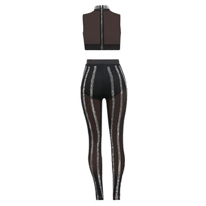 Sexy Sheer Mesh Two Piece Set Women See Through Diamonds Crop Top + Black Pants Suits Clubwear Party Women Set Two Piece Outfits