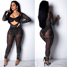 Load image into Gallery viewer, Sheer Mesh Sexy Black Rhinestone Jumpsuit Women Long Sleeve Open Front Skinny Full Bodysuits Pants Romper Club Party Jumpsuits