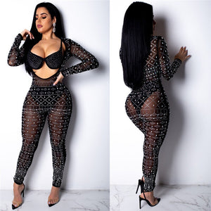 Sheer Mesh Sexy Black Rhinestone Jumpsuit Women Long Sleeve Open Front Skinny Full Bodysuits Pants Romper Club Party Jumpsuits