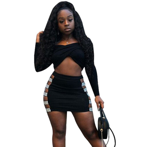 Sexy Black Two Piece Set Women Long Sleeve Ruched Crop Top and Hollow Out Skirt Set Club Bodycon Two Piece Outfits Matching Sets