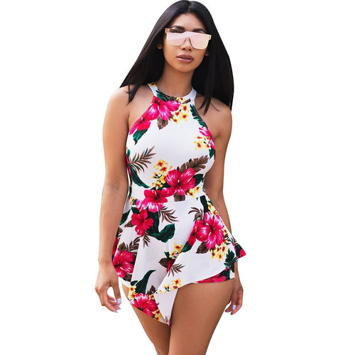 Sexy Off Shoulder Floral Print Boho Beach Romper Women Halter Sleeveless Short Jumpsuit Ladies Summer Playsuits Macacao Feminino