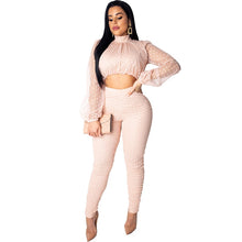 Load image into Gallery viewer, Women Polka Dot White Two Piece Set Sexy Mesh Sheer Lantern Sleeve Crop Top and Zipper Long Pants Suit Clubwear Matching Outfits