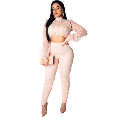 Women Polka Dot White Two Piece Set Sexy Mesh Sheer Lantern Sleeve Crop Top and Zipper Long Pants Suit Clubwear Matching Outfits