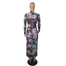 Load image into Gallery viewer, Floral Printed Sexy Sheer Mesh Bodycon Dress Women Autumn Crew Neck Long Sleeve See Through Dress Fashion Sexy Party Dresses