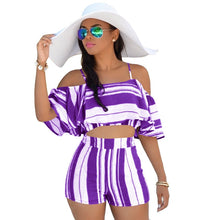 Load image into Gallery viewer, Sexy Summer Two Piece Set Women Striped Print Off Shoulder Crop Top and Shorts Suits Ruffles Bohemian Beachwear Casual Outfits