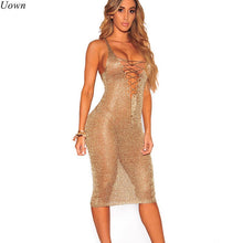 Load image into Gallery viewer, Sexy Lace Up Tunic Gold Crochet Beach Dress Women Hollow Out Sleeveless Deep V Neck Tank Midi Summer Dresses Clubwear Sundress