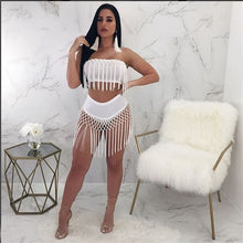 Load image into Gallery viewer, Tassel Two Piece Sets Women&#39;s Costumes Summer Beach Sleeveless Strapless Crop Top and Skirt Two Piece Short Set Clubwear