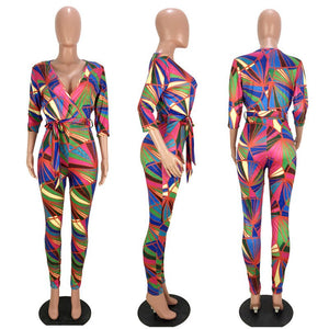 Geometric Print Deep V Neck Sexy Jumpsuit Women Autumn 3/4 Long Sleeve Club Party Playsuits High Waist Bodycon Jumpsuit Sashes