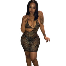 Load image into Gallery viewer, Gold Pattern Sexy Sheer Mesh Dress Women Club Wear Halter Backless V-Neck Bodycon Mini Dress Night Out Party See Through Dresses