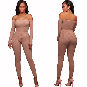 New Women Elegant Winter Jumpsuits Knitted Ribbed Long Sleeve Off Shoulder Casual Rompers Sexy Club Wear Bodycon Jumpsuit