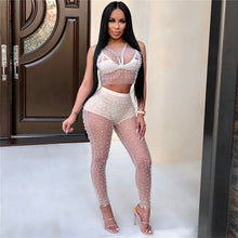 Load image into Gallery viewer, Sexy Mesh Pearls Beading Two Pieces Set Women Sleeveless See Through Tank Crop Top and Ankle-Length Pants Party Matching Outfits