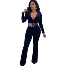 Load image into Gallery viewer, Velvet Jumpsuits Long Sleeve Sexy V-Neck Elegant Overalls Ladies Wide Leg Pants Party Club Rompers Plus Size