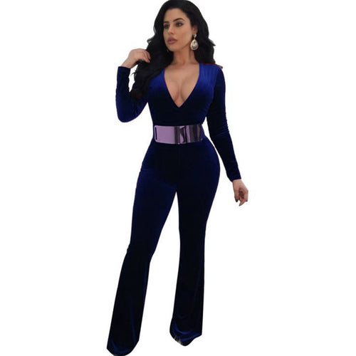 Velvet Jumpsuits Long Sleeve Sexy V-Neck Elegant Overalls Ladies Wide Leg Pants Party Club Rompers Plus Size