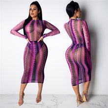 Load image into Gallery viewer, Party Club Dress Summer Sexy Sheer Bandage Bodycon Dress Long Sleeve Neon Green Snake Print Transparent Mesh Dress