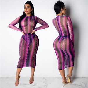 Party Club Dress Summer Sexy Sheer Bandage Bodycon Dress Long Sleeve Neon Green Snake Print Transparent Mesh Dress