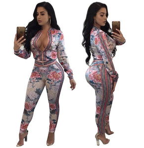 Women Rose Printed 2 Piece Sets Sweatsuit Long Sleeve Zipper Leopard Slim Casual Tracksuit Autumn 2 Piece Outfit Leisure Suits