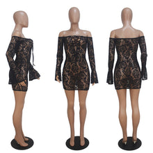 Load image into Gallery viewer, Sexy Black Sheer Floral Lace Dress Women Flare Long Sleeve Lace Up Off Shouler Bodycon Mini Dress Night Club Party Short Dress