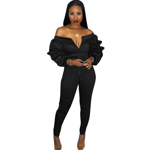 Sexy Off Shoulder Jumpsuit Fall Winter Fashion Front Zipper Slash Neck Layered Ruched Long Sleeve Bodycon Romper Overalls