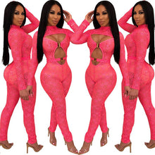 Load image into Gallery viewer, Women Sexy Club Bodycon Romper Jumpsuit Long Sleeve Party Jumpsuits One Piece Hollow Out Sheer Mesh Elegant Black Lace Jumpsuit