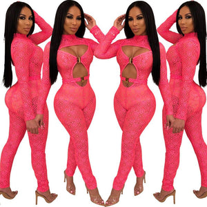 Women Sexy Club Bodycon Romper Jumpsuit Long Sleeve Party Jumpsuits One Piece Hollow Out Sheer Mesh Elegant Black Lace Jumpsuit