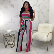 Load image into Gallery viewer, Sexy Two Piece Summer Outfits Women&#39;s 2 Piece Set Fashion Striped Strapless Crop Top and Wide Leg Pants Set Party Ladies Suit