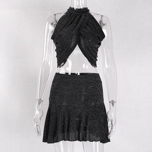 Sexy Club Two Piece Set Women Summer Skirt Sets Glitter Sleeveless Crop Top Short Skirt Set Festival Party 2 Piece Set Outfits