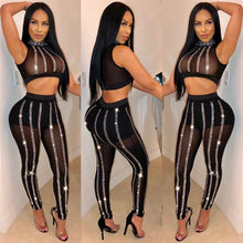 Load image into Gallery viewer, Sexy Sheer Mesh Two Piece Set Women See Through Diamonds Crop Top + Black Pants Suits Clubwear Party Women Set Two Piece Outfits