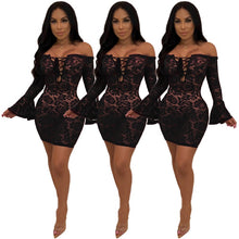 Load image into Gallery viewer, Sexy Black Sheer Floral Lace Dress Women Flare Long Sleeve Lace Up Off Shouler Bodycon Mini Dress Night Club Party Short Dress