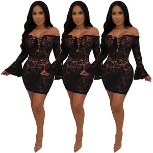 Sexy Black Sheer Floral Lace Dress Women Flare Long Sleeve Lace Up Off Shouler Bodycon Mini Dress Night Club Party Short Dress