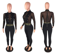 Load image into Gallery viewer, Black Long Sleeve Sexy Bodycon Jumpsuit Women Mesh Patchwork Bandage Jumpsuit Party Plus Size Overalls Club Skinny Romper Female