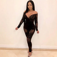 Load image into Gallery viewer, Sexy Off Shoulder Jumpsuit Women Print Long Sleeve Bodycon Bandage Jumpsuit Party Club Casual Long Rompers Women Jumpsuit Belt