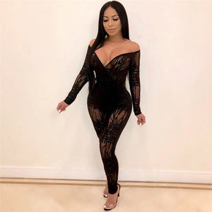 Sexy Off Shoulder Jumpsuit Women Print Long Sleeve Bodycon Bandage Jumpsuit Party Club Casual Long Rompers Women Jumpsuit Belt