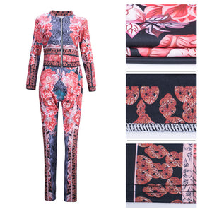 Women Rose Printed 2 Piece Sets Sweatsuit Long Sleeve Zipper Leopard Slim Casual Tracksuit Autumn 2 Piece Outfit Leisure Suits