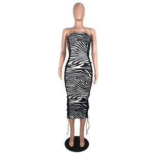 Zebra Print Strapless Sexy Bandage Dresses Sleeveless Hollow Out Lace Up Party Bodycon Maxi Dress Clubwear Vestidos