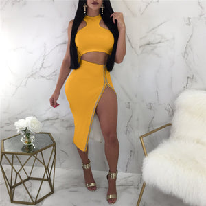 Sexy 2 Piece Dress Women O-neck Off Shoulder Sleeveless Crop Top and High-split Zipper Midi Skirt Clubwear Party Two Piece Set