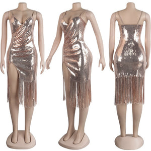 Sexy Sequin Mini Dress Women Deep V Neck Strap Side Split Bling Fringe Tassel Dress Elegant Bodycon Party Club Dress