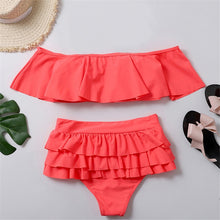 Load image into Gallery viewer, Layered Ruffles 2 Pieces Beach Outfits Summer Women Slash Neck Off the Shoulder Crop Tops and Mini Skirt Set Swim Suit Vacation