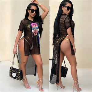 Summer Beach Mesh Dress Women Character Print Side Split Front Long Back Short Hollow out Beachwear Boho Sexy Mini Dress