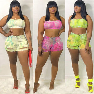 Sexy Tie Dye Denim Two Piece Set Women Strapless Tops and Hole Jeans Shorts Female Summer Matching Set Outfits Clubwear Female