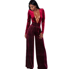 Load image into Gallery viewer, Women Velvet Jumpsuit Autumn Winter Sexy Deep V-Neck Glitter Long Sleeve Rompers Evening Loose Wide Leg Jumpsuit Female Overalls