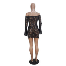 Load image into Gallery viewer, Sexy Black Sheer Floral Lace Dress Women Flare Long Sleeve Lace Up Off Shouler Bodycon Mini Dress Night Club Party Short Dress