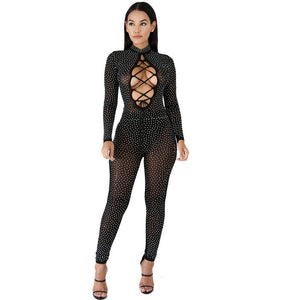 Long Sleeve Rhinestone Sexy Bodycon Jumpsuit Women Hollow Out Lace Up Long Pants Romper Party Club Sheer Mesh Jumpsuits Catsuit