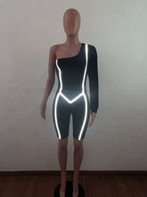 Load image into Gallery viewer, Women One Shoulder Sexy Bodycon Jumpsuit Skinny Romper Long Sleeve Reflective Playsuit One Piece Short Jumpsuit Club Outfits