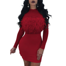 Load image into Gallery viewer, Women Sexy Mesh Sheer Black Long Sleeve Bodycon Dress Fashion Feathers Patchwork Sheath Nightclub Short Party Dresses Female XXL