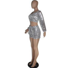 Load image into Gallery viewer, Sexy Party Club Sequin Two Piece Set Women 2 Piece Outfits Crop Top Shorts Set Festival Clothing Summer Matching Women Sets