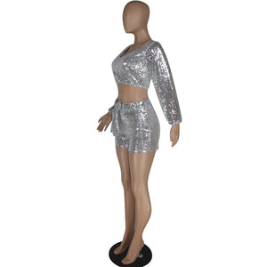 Sexy Party Club Sequin Two Piece Set Women 2 Piece Outfits Crop Top Shorts Set Festival Clothing Summer Matching Women Sets