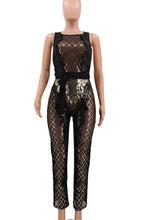 Load image into Gallery viewer, Backless Criss Cross Bandage Jumpsuit Women Mesh Sheer Sleeveless Geometric Sequin Romper Christmas Nightclub Sparkly Overalls