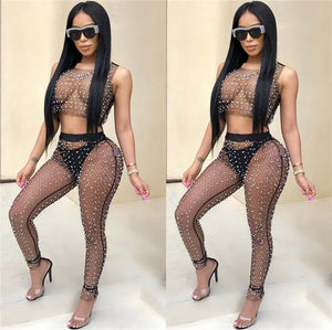 Sexy Mesh Pearls Beading Two Pieces Set Women Sleeveless See Through Tank Crop Top and Ankle-Length Pants Party Matching Outfits