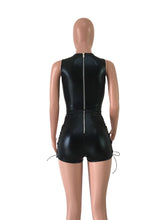 Load image into Gallery viewer, Sexy Club Bandage Bodysuits Women V-Neck Lace Up Hollow Out Clubwear Skinny Black Leather Jumpsuit Shorts Playsuits Combinaison