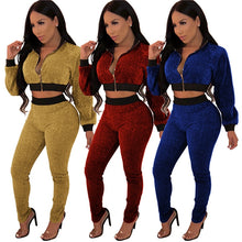 Load image into Gallery viewer, Plus Size Glitter 2 Piece Outfits for Women&#39;s Suit Sequined Streetwear Bomber Jacket Tops and Pants Set Sparkly Casual Tracksuit